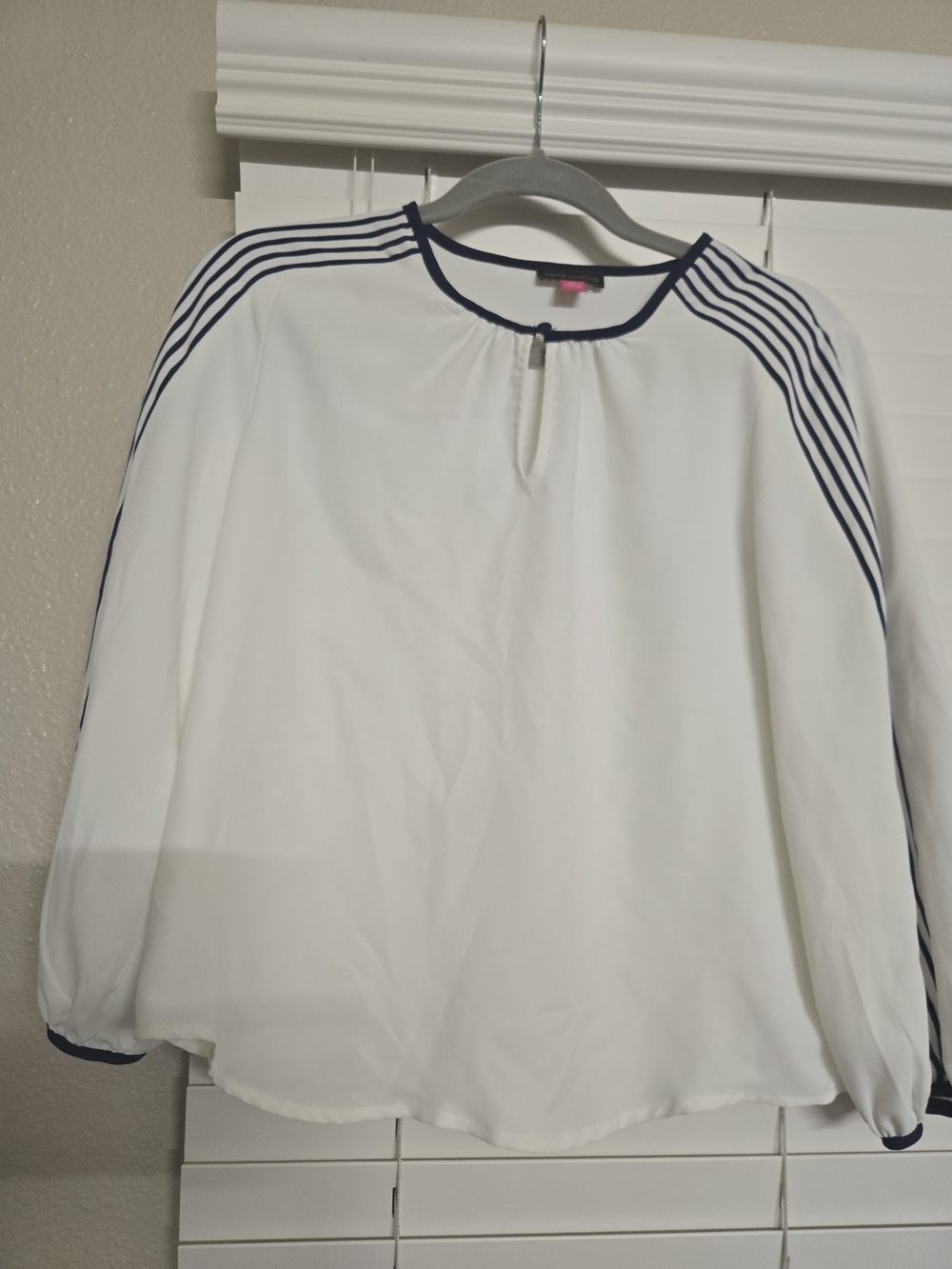 Vince Camuto White Blouse with Navy Stripe Trim